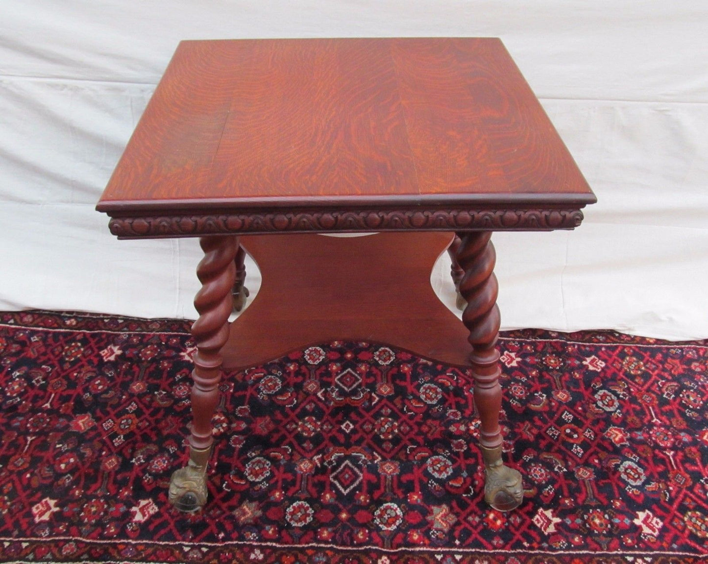 VICTORIAN TIGER OAK PARLOR TABLE WITH GLASS BALL & CAST IRON GROTESQUE HEAD FEET