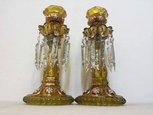 PAIR OF ANTIQUE OPALINE GLASS LUSTERS WITH FACETED CRYSTAL PRISMS & ENAMEL WORK