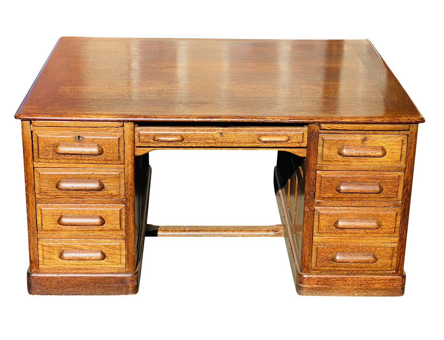 19TH C ANTIQUE VICTORIAN TIGER OAK PARTNERS DESK ~ 60” X 48”