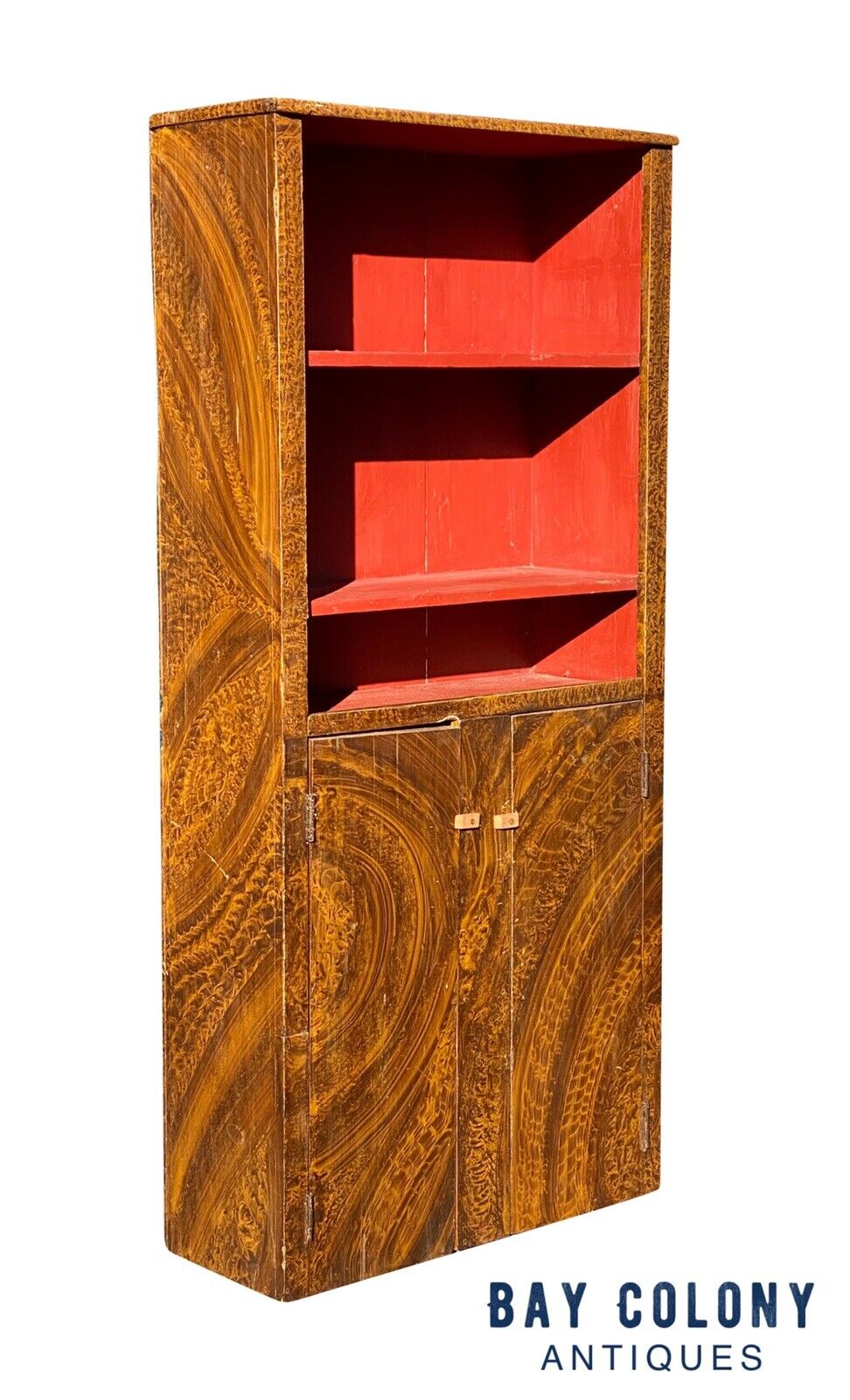 20th C Antique New England Primitive Sponge Painted Pine Cabinet / Cupboard
