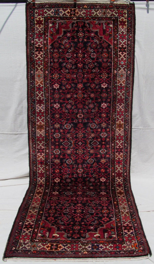 FINE SEMI ANTIQUE PERSIAN MAHAL RUNNER WITH INDIGO BLUE BACKGROUND 10' x 3'5"