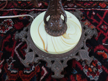 Load image into Gallery viewer, PAIR OF ART NOUVEAU GREEN SLAG GLASS ANTIQUE BRIDGE LAMPS
