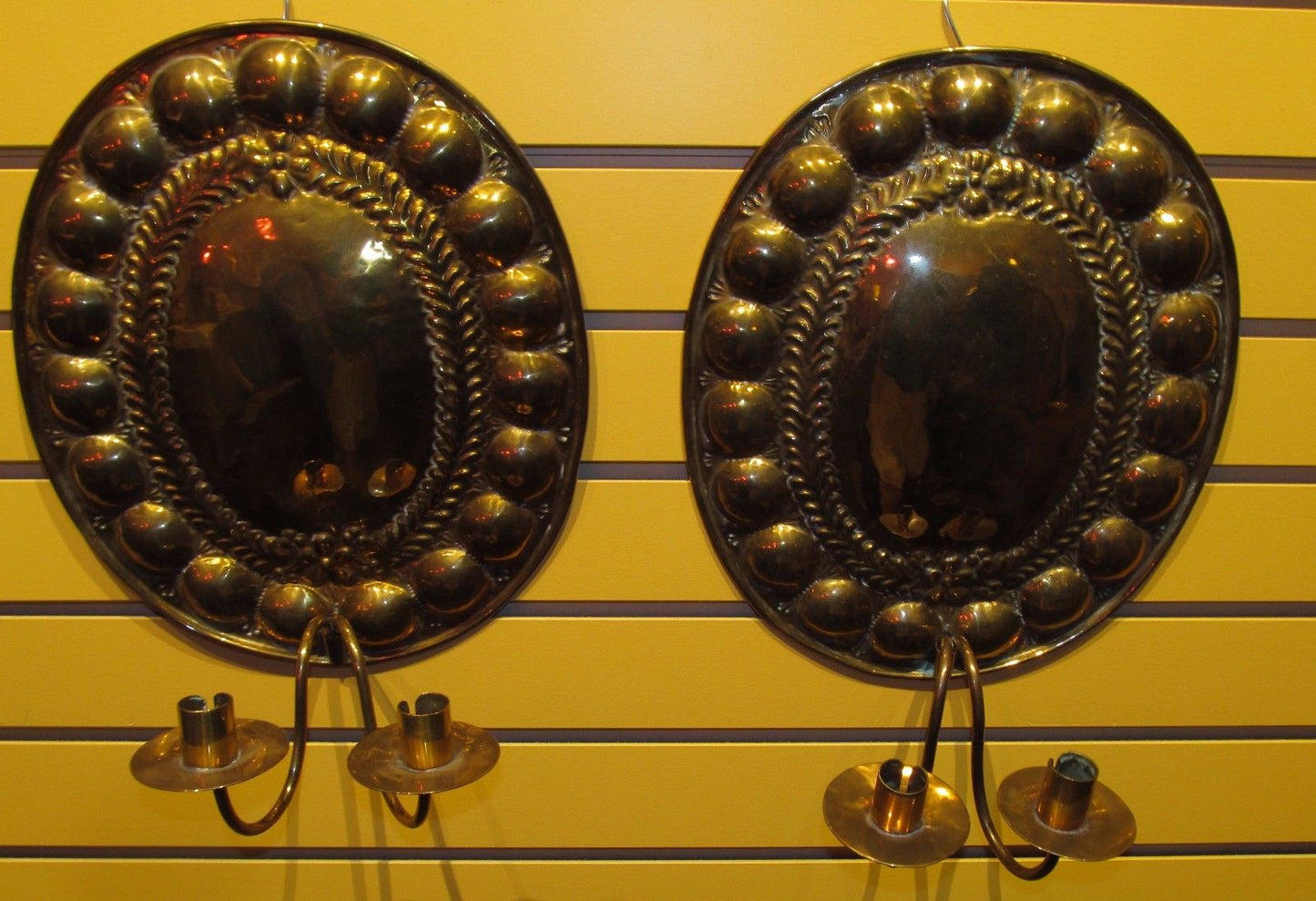 18TH CENTURY PAIR OF BRASS WALL SCONCES WITH FINE EMBOSSING