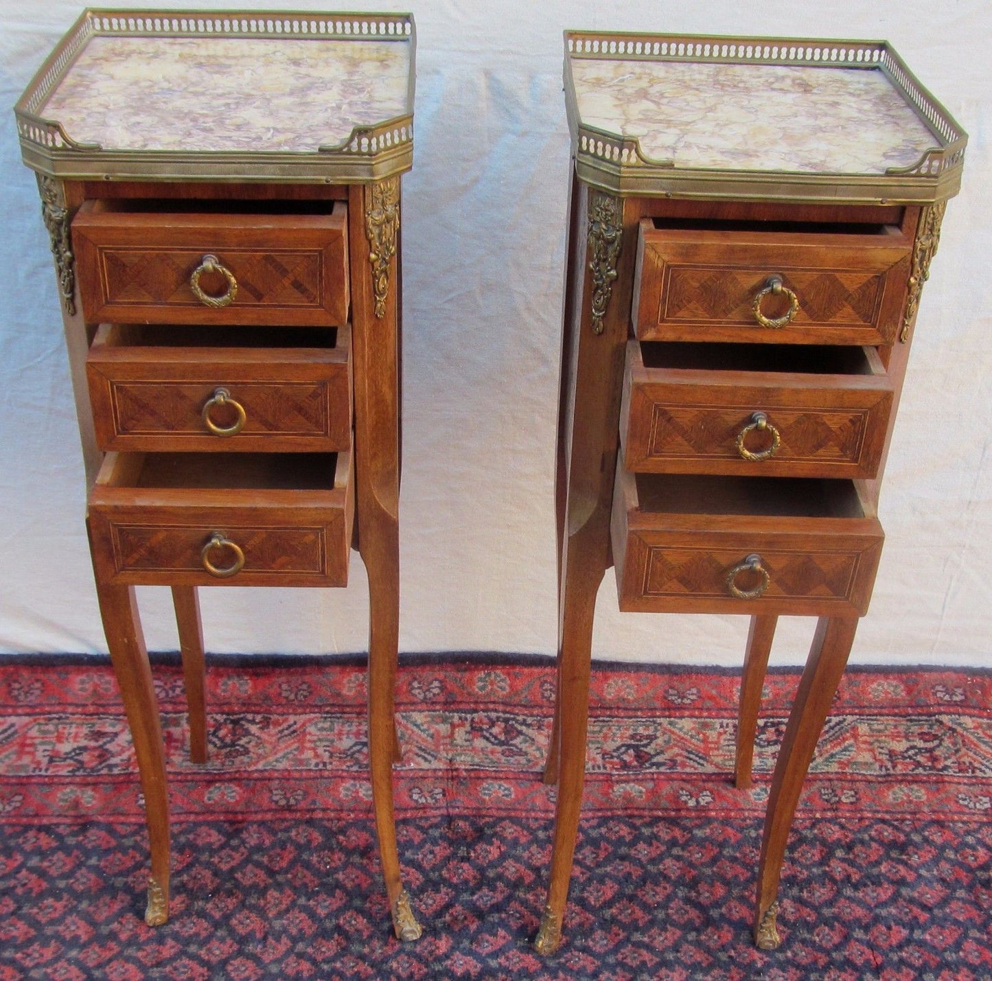 RARE SIZED DIMINUTIVE INLAID PAIR OF FRENCH LOUIS XVI CARRERA MARBLE TOPPED NIGH