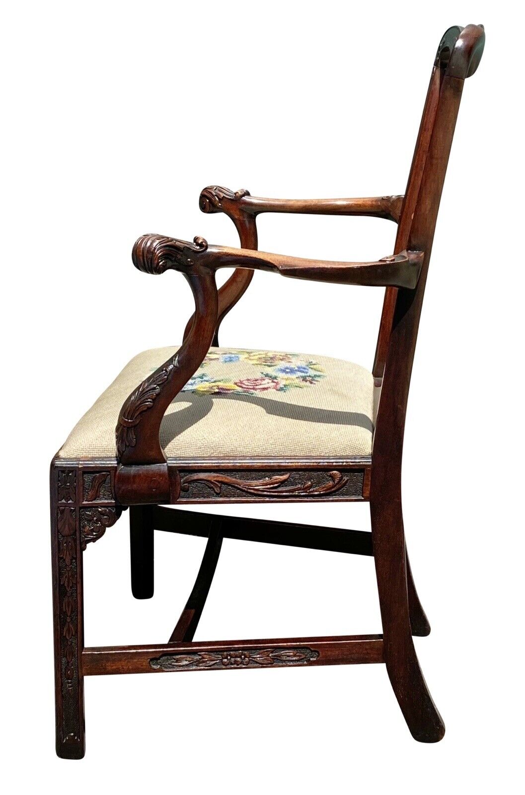 19th C Antique Chippendale Style Carved Mahogany Desk Chair W/ Needlepoint Seat