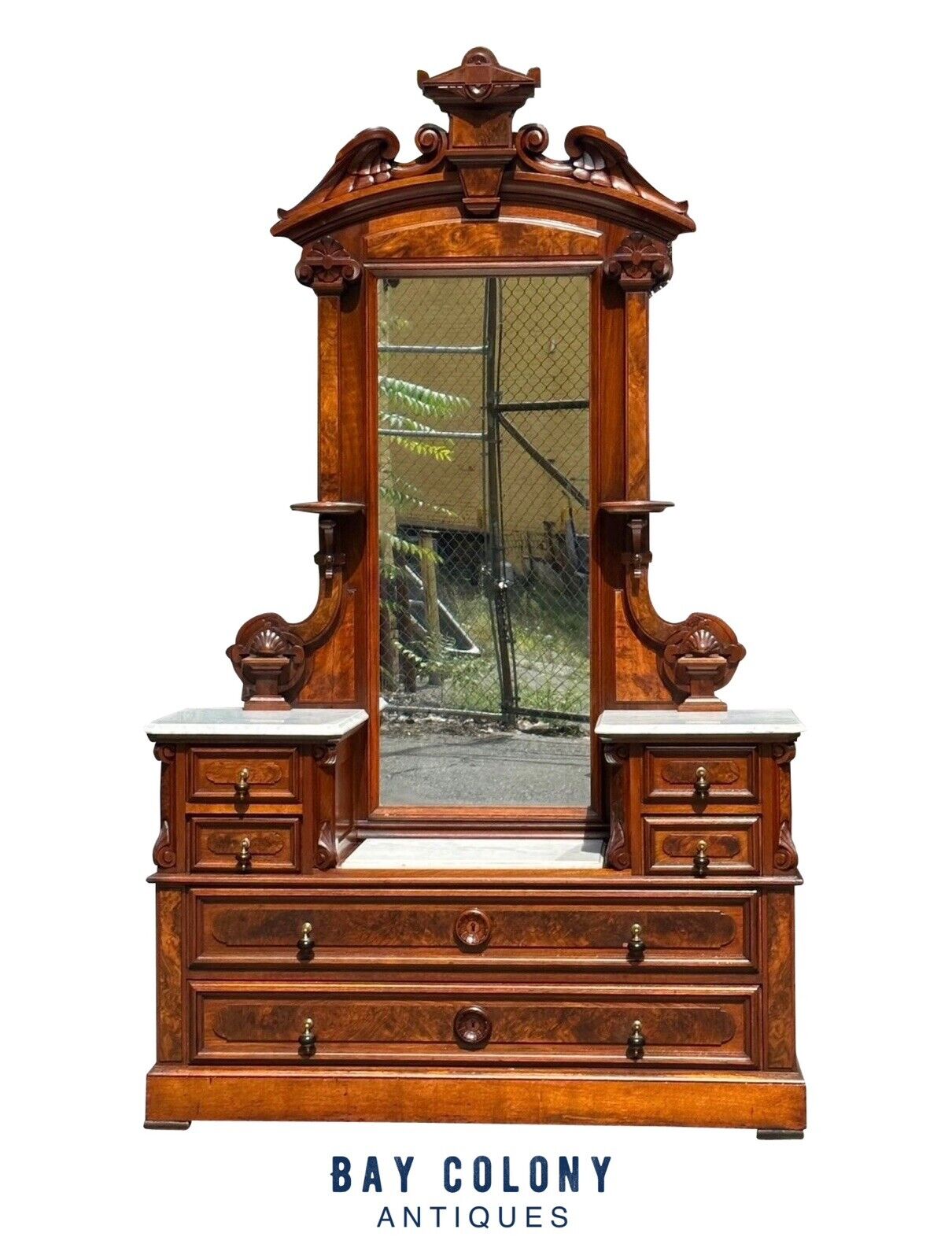Antique Victorian Burled Walnut Marble Top Dresser With Fine Shell Carved Mirror