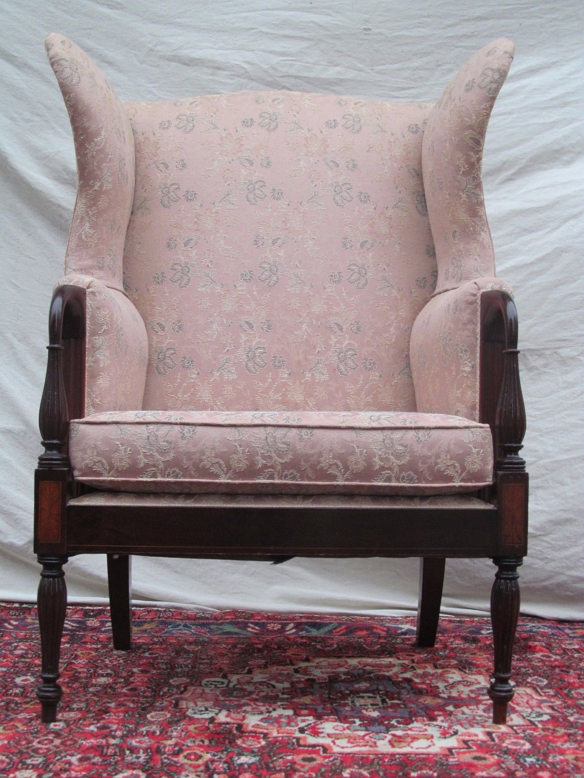 CHIPPENDALE STYLED WINGBACK CHAIR WITH RARE INLAID PANELS & FORMED CARVED ARMS