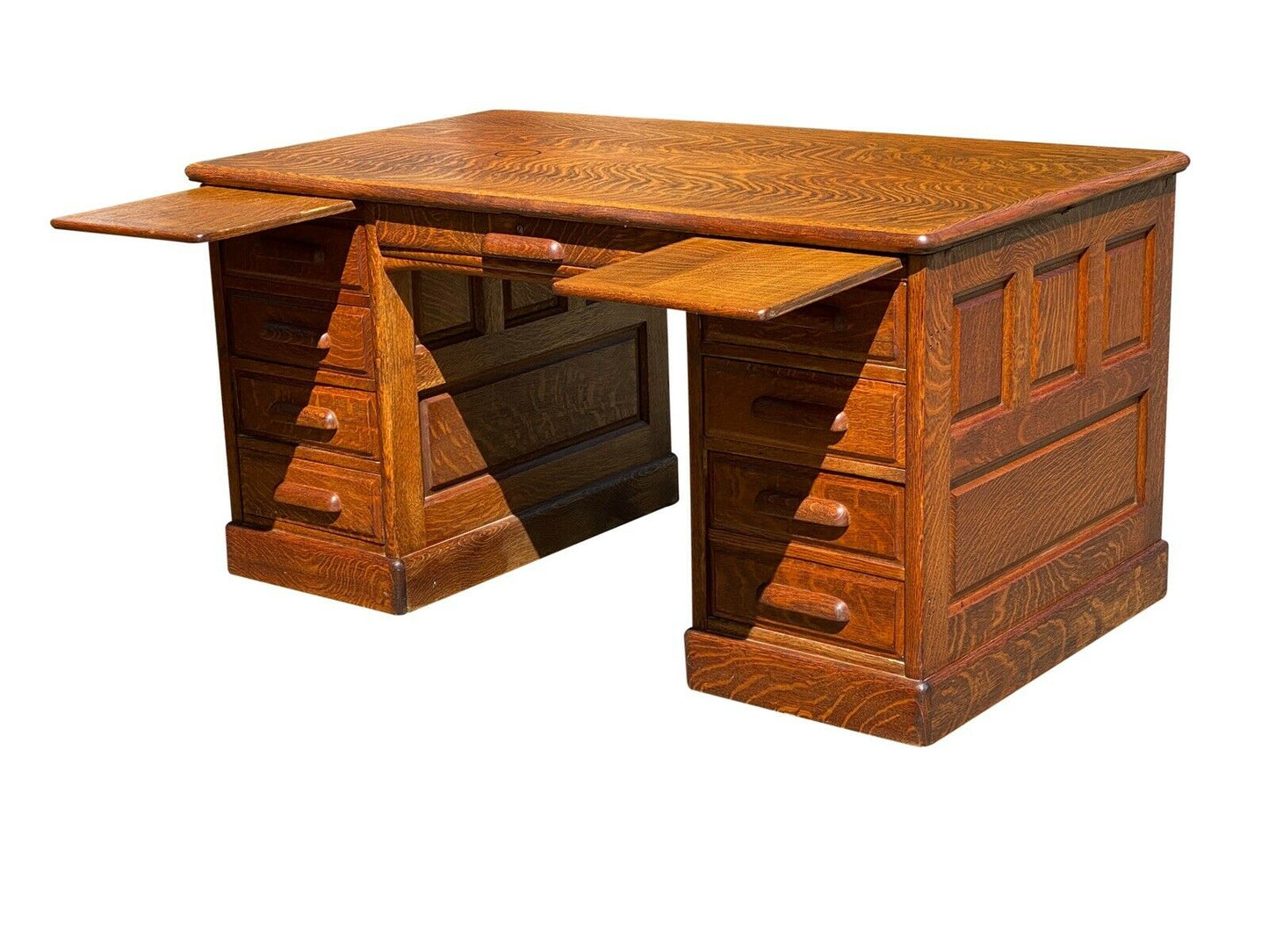 19TH C ANTIQUE VICTORIAN DOUBLE BANK 5 FOOT TIGER OAK OFFICE DESK