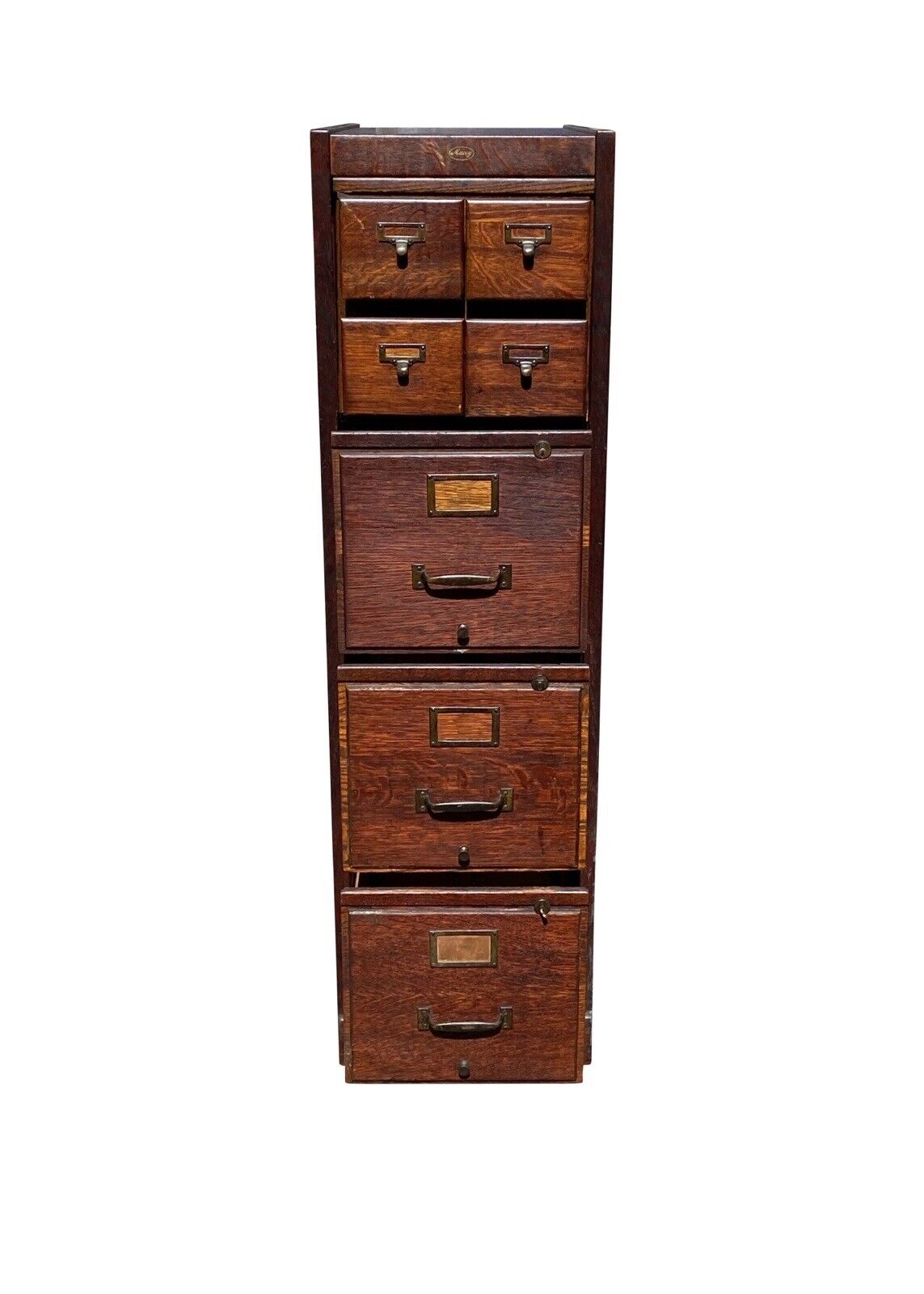 Antique Macey Oak 7 Drawer Wood File Cabinet With Card Catalog - Original Finish