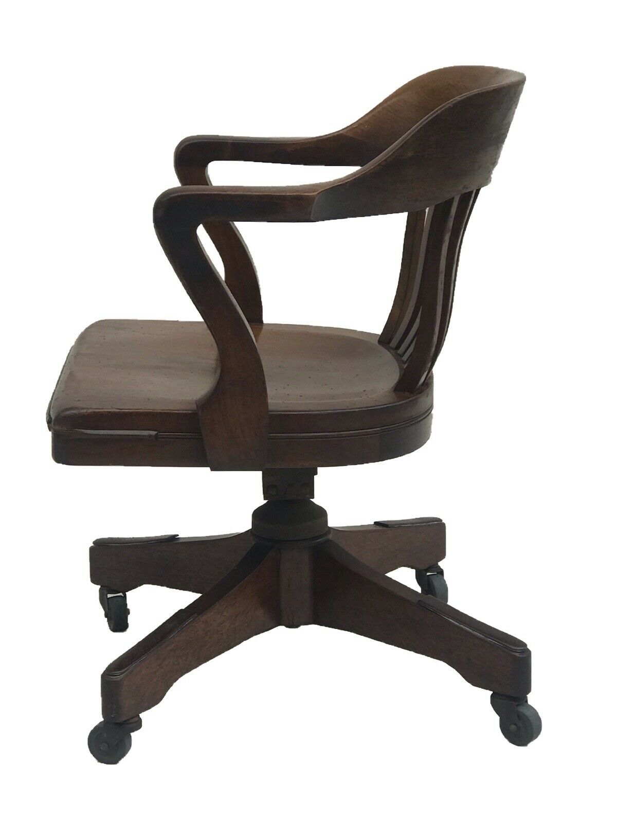 ANTIQUE WALNUT BANK OF ENGLAND OFFICE DESK SWIVEL ARM CHAIR BY TAYLOR CHAIR CO.