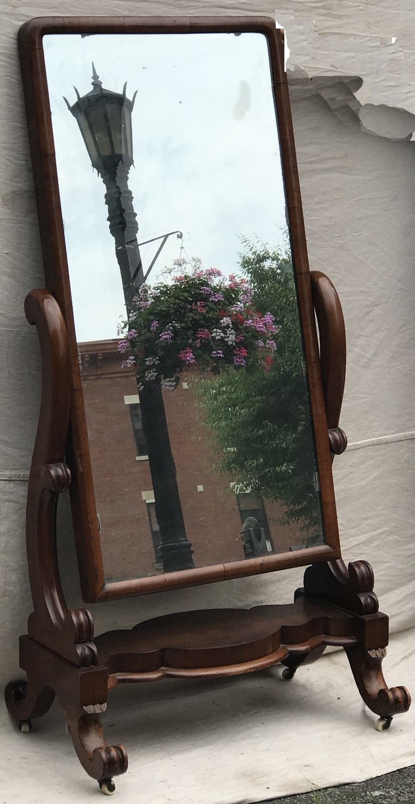 EARLY 19TH C. MAHOGANY FRENCH EMPIRE / CLASSICAL CHEVAL MIRROR W/ CARVED BASE