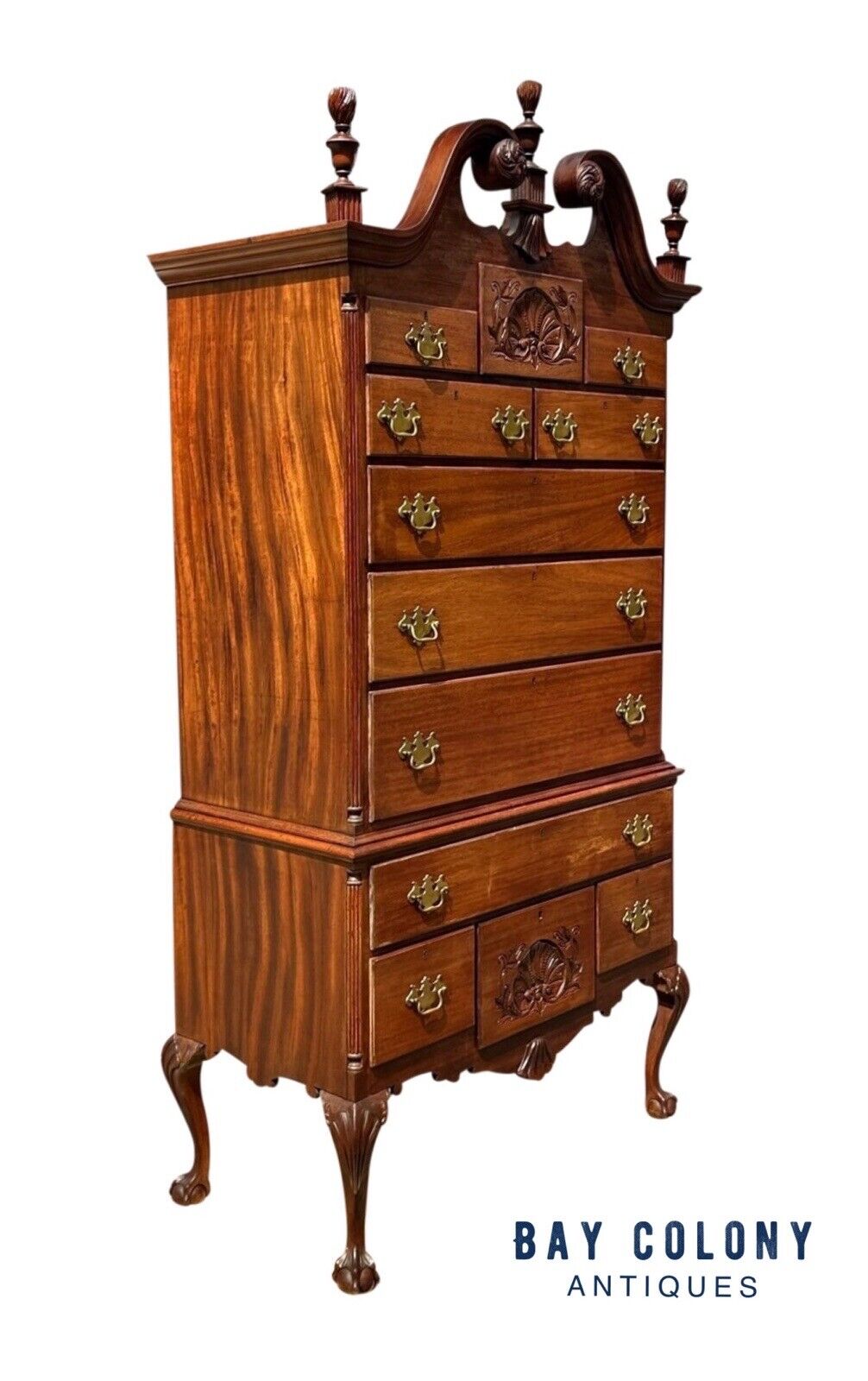 Antique Chippendale Style Mahogany Shell Carved Highboy on Ball & Claw Feet