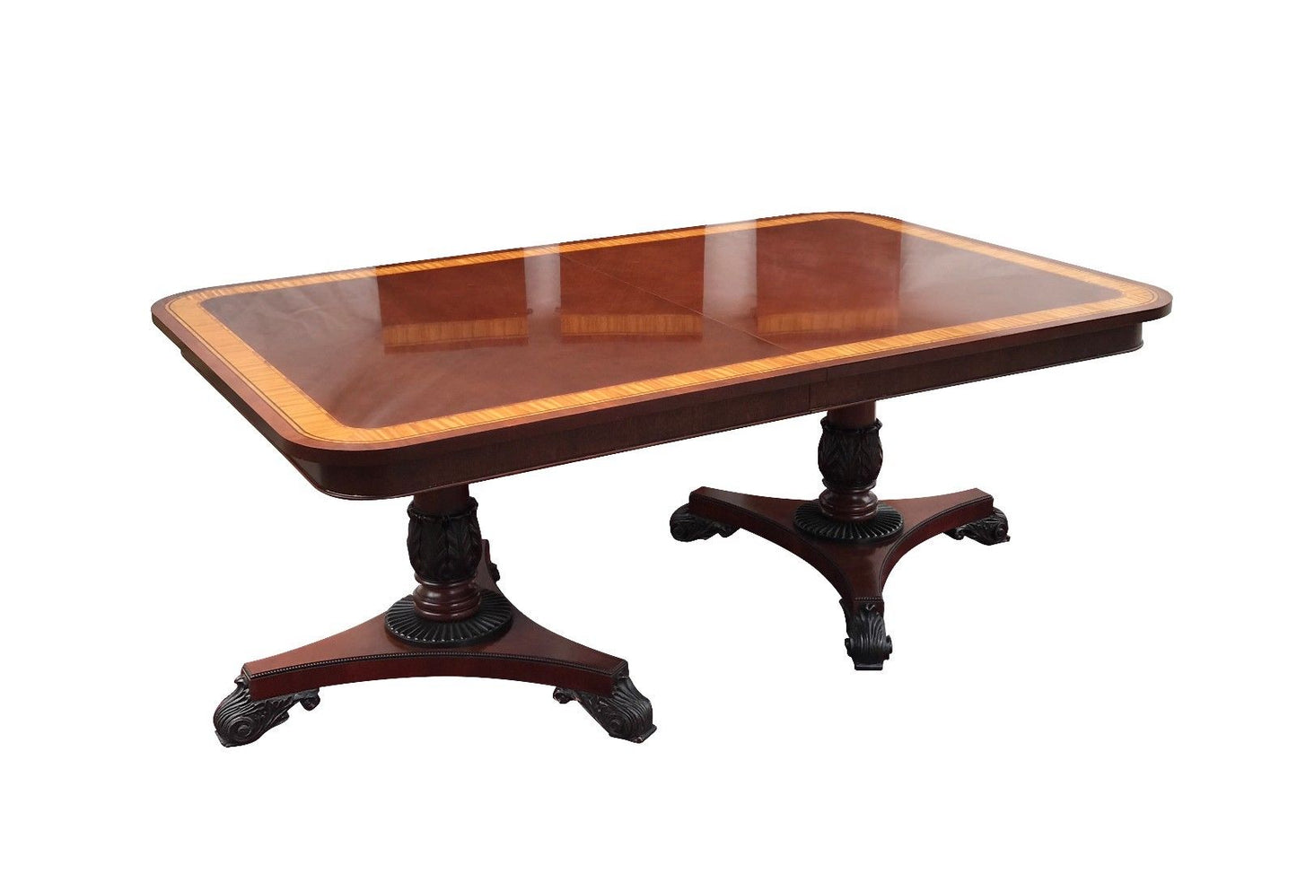 BAKER FURNITURE MAHOGANY SATINWOOD INLAID 10' TABLE ON CARVED PEDESTAL BASES