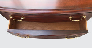 CHIPPENDALE STYLED HENKEL & HARRIS BOW FRONT BACHELORS CHEST WITH WRITING SLIDE
