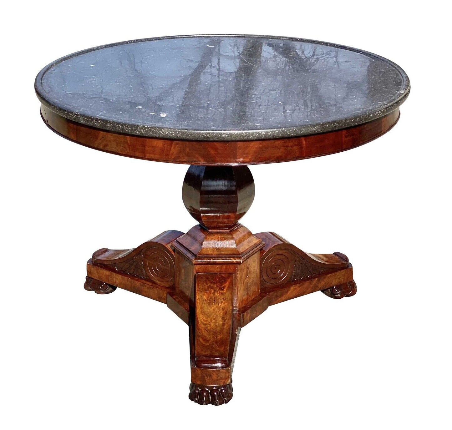19th C Antique Mahogany Round Empire Parlor Table With Onyx Dish Top