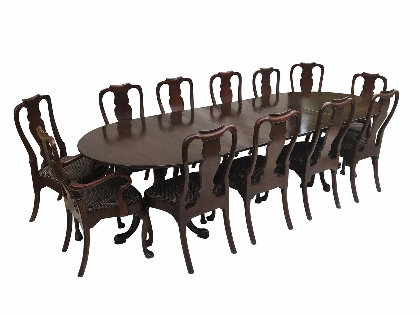 20TH C HENKEL HARRIS MAHOGANY DOUBLE PEDESTAL DINING SET ~~ TABLE & 12 CHAIRS