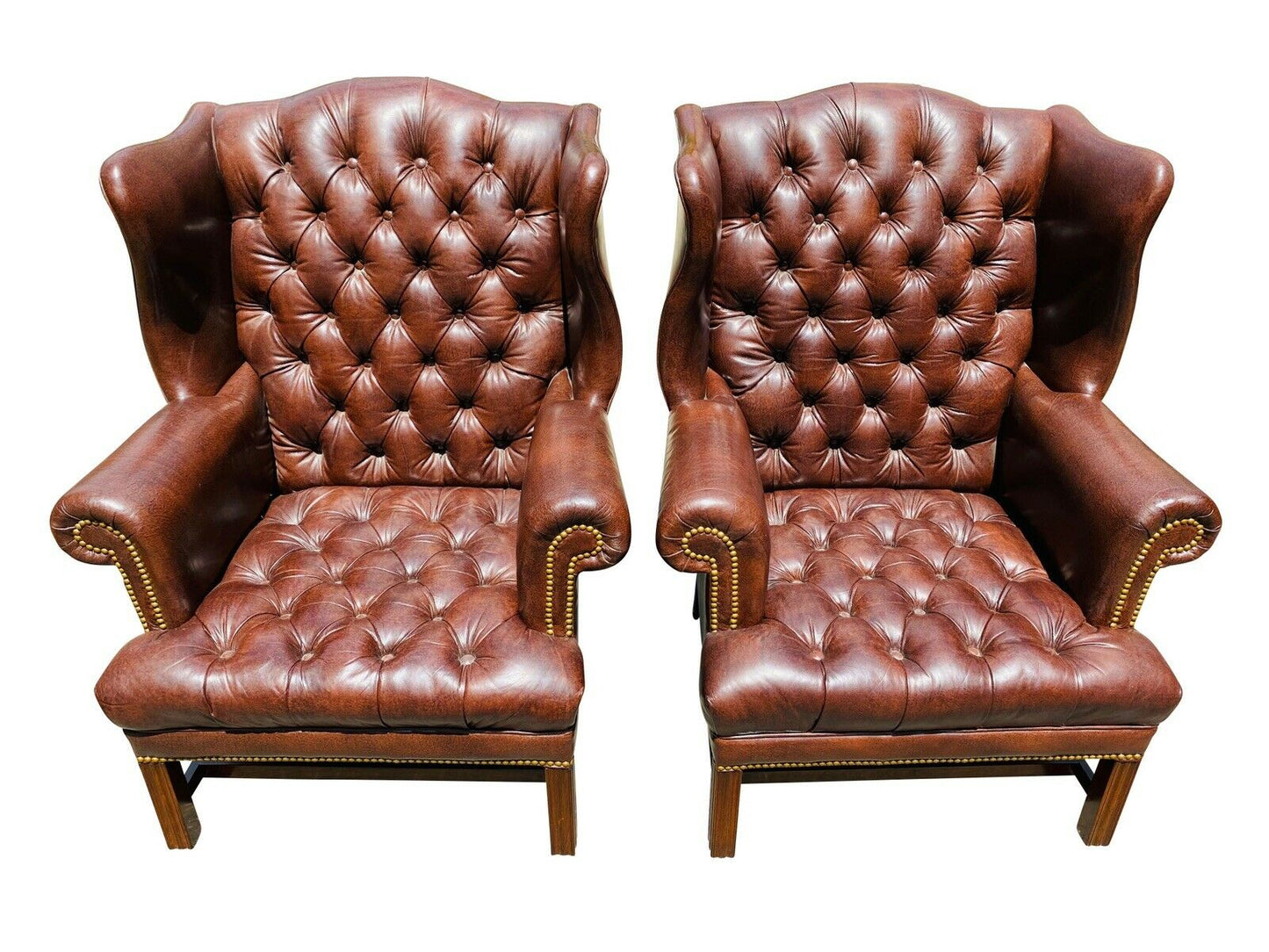 20TH C CHIPPENDALE ANTIQUE STYLE OX BLOOD RED TUFTED LEATHER PAIR OF WING CHAIRS