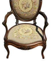 Load image into Gallery viewer, 19TH C ANTIQUE VICTORIAN ARMCHAIR W/ CARVED CREST &amp; NEEDLEPOINT SEAT