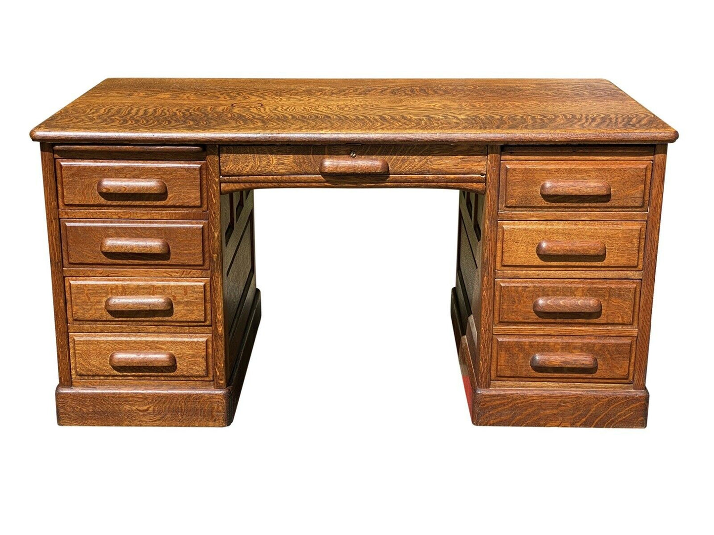 19TH C ANTIQUE VICTORIAN DOUBLE BANK 5 FOOT TIGER OAK OFFICE DESK