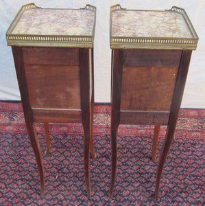 RARE SIZED DIMINUTIVE INLAID PAIR OF FRENCH LOUIS XVI CARRERA MARBLE TOPPED NIGH