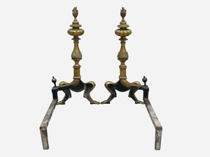19TH C ANTIQUE BRASS NEO CLASSICAL ANDIRONS ~ NEW YORK CITY