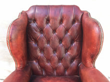 Load image into Gallery viewer, EARLY 20TH C ANTIQUE STYLE OX BLOOD RED TUFTED LEATHER LIBRARY ARM CHAIR