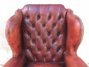 EARLY 20TH C ANTIQUE STYLE OX BLOOD RED TUFTED LEATHER LIBRARY ARM CHAIR