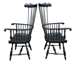 20th C Antique Style Pair of Windsor Comb Back Black Painted Arm Chairs