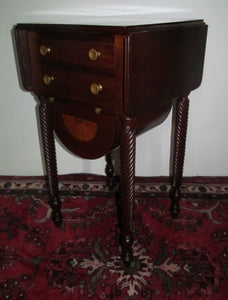 SHERATON STYLE INLAID MAHOGANY WORK TABLE WITH TWIST CARVED LEGS & BASE CABINET