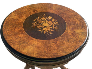 Victorian Renaissance Revival Burled Walnut Floral Marquetry Inlaid Parlor Table