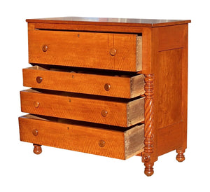 19th C Antique Sheraton Cherry & Tiger Maple Chest of Drawers / Dresser