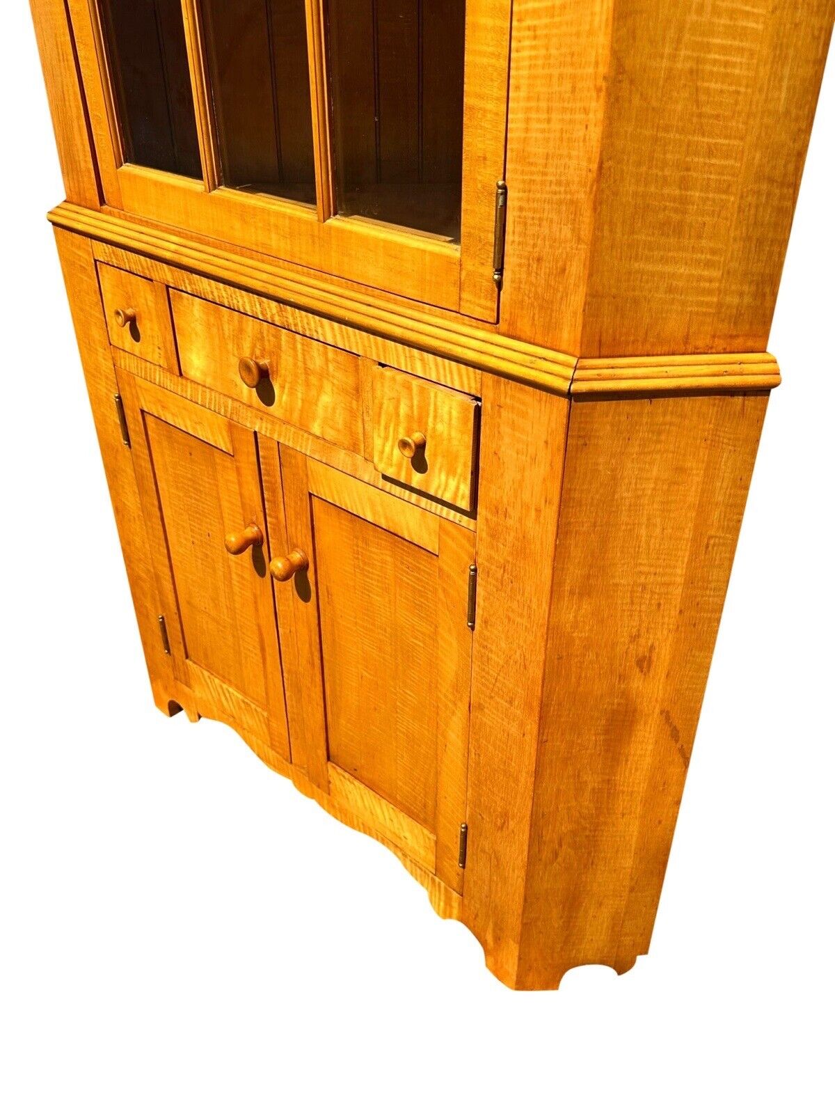 Federal Style Tiger Maple Two Piece Corner Cabinet With Arched Door & Bold Grain