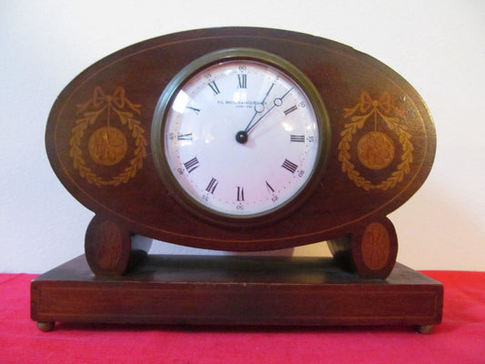 FINELY INLAID ANTIQUE EDWARDIAN MAHOGANY DESK CLOCK BY H. L. BROWN ENGLAND