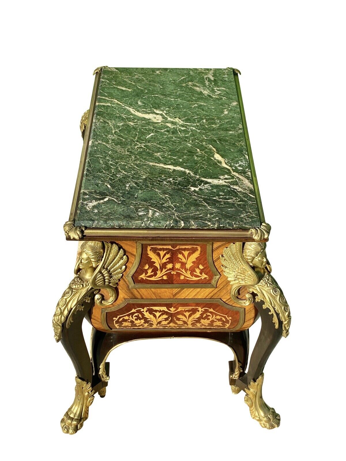 French Louis Xiv Style Walnut Marble Top Bombe Commode With Fire Gilded Accents