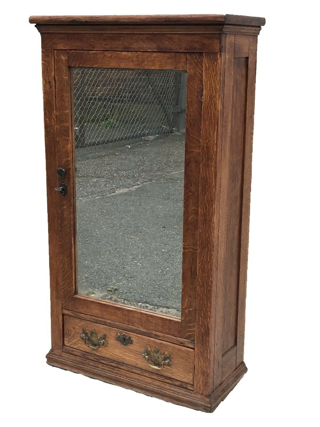 19TH C VICTORIAN TIGER OAK ANTIQUE MEDICINE CABINET