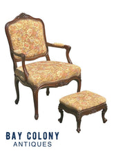 Load image into Gallery viewer, 19TH C ANTIQUE WALNUT FRENCH PROVINCAL ARM CHAIR &amp; FOOTSTOOL WITH FLORAL FABRIC