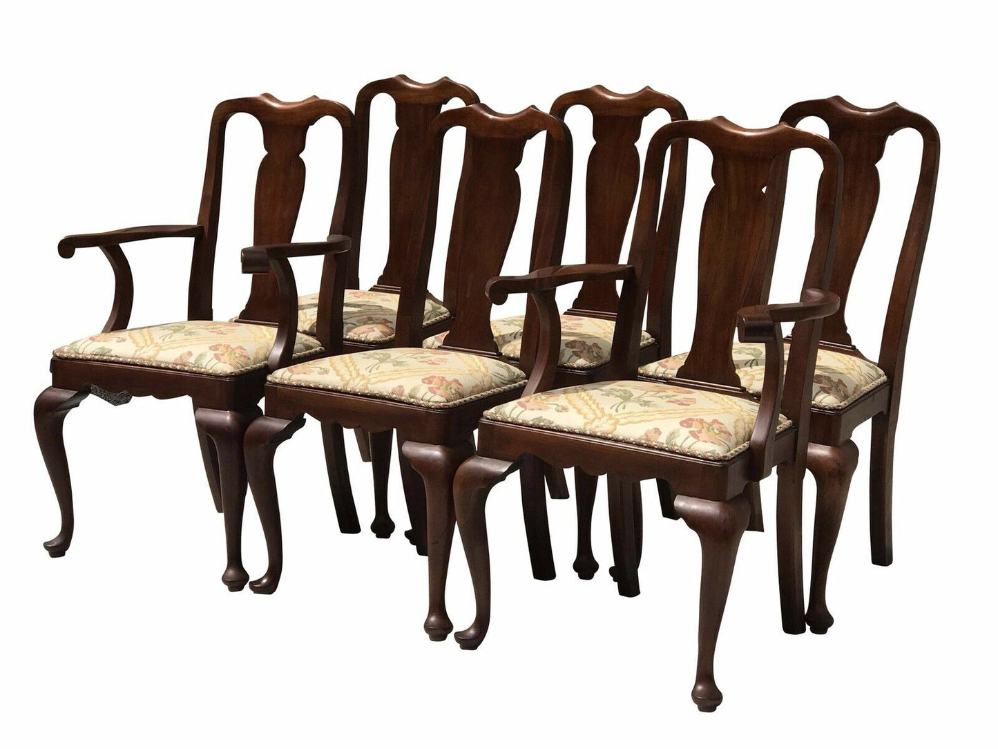 20TH C HENKEL HARRIS SET OF 6 QUEEN ANNE ANTIQUE STYLE WALNUT DINING CHAIRS