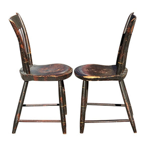 19TH C PAIR OF ANTIQUE COUNTRY PRIMITIVE FANCY PAINT WINDSOR THUMB BACK CHAIRS