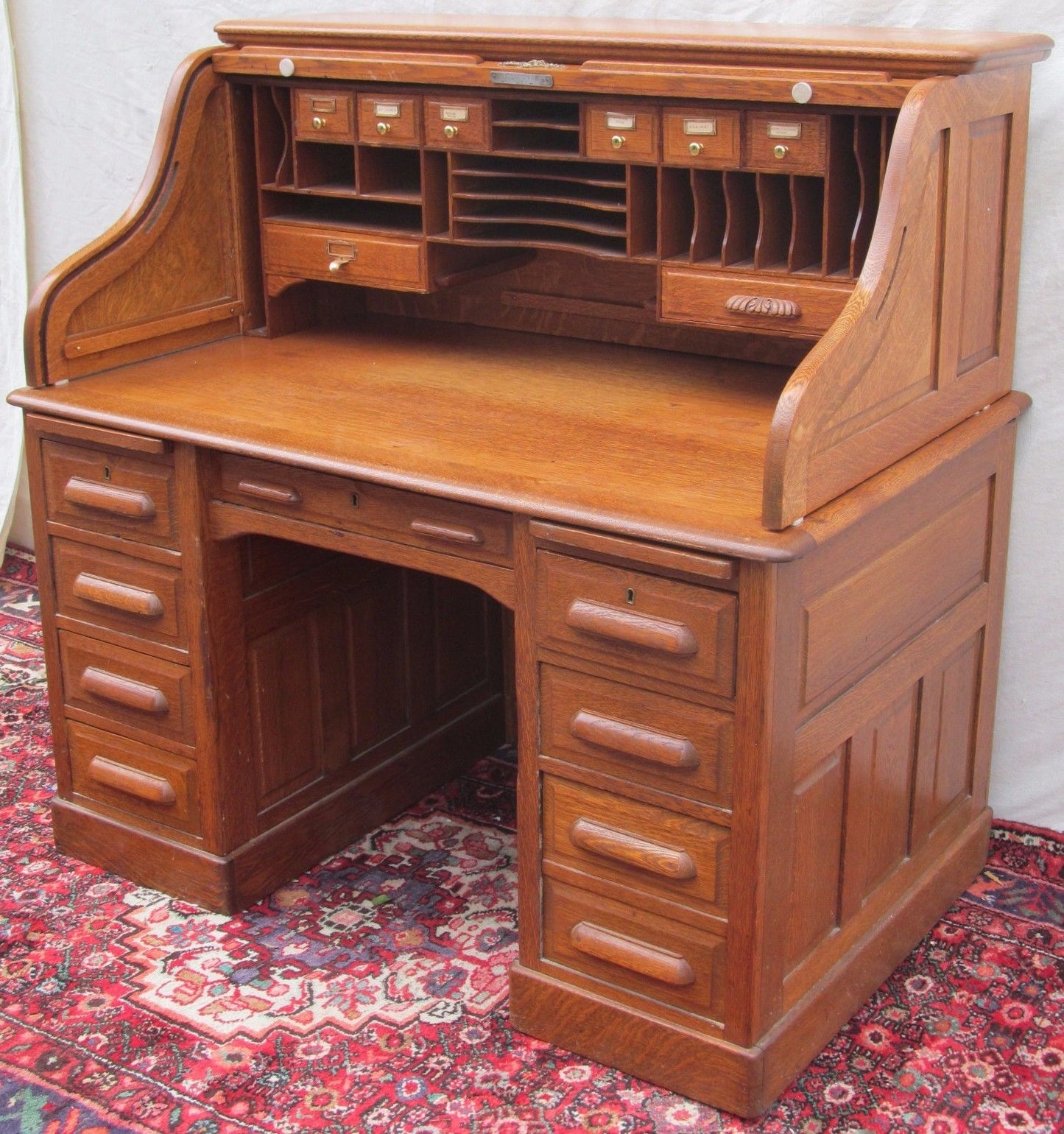 EXCELLENT VICTORIAN SOLID TIGER RAISED PANELED OAK S ROLL TOP DESK-TOP QUALITY!