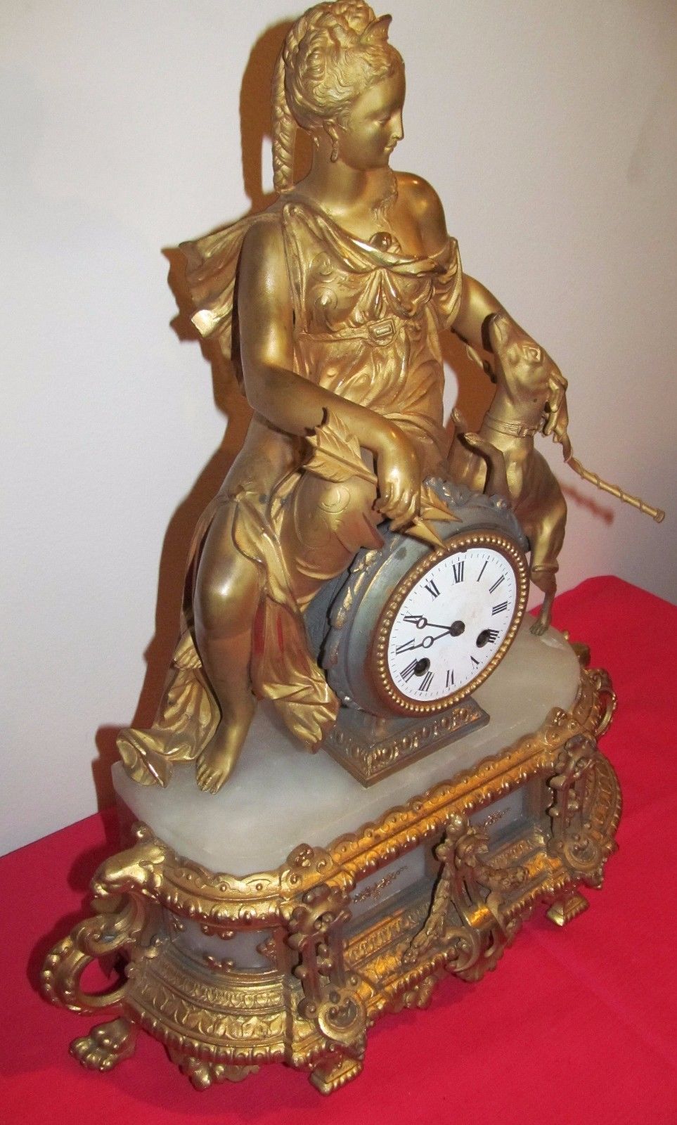 ANTIQUE HIGHLY GOLD GILT FRENCH CLOCK DEPICTING MAIDEN WITH WHIPPET - GLASS DOME