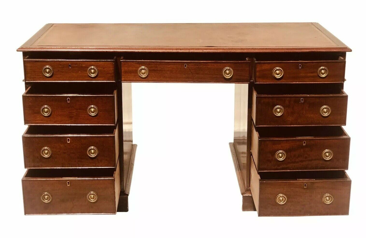 19TH C ANTIQUE CHIPPENDALE / GEORGIAN PERIOD MAHOGANY LEATHER TOP CAMPAIGN DESK