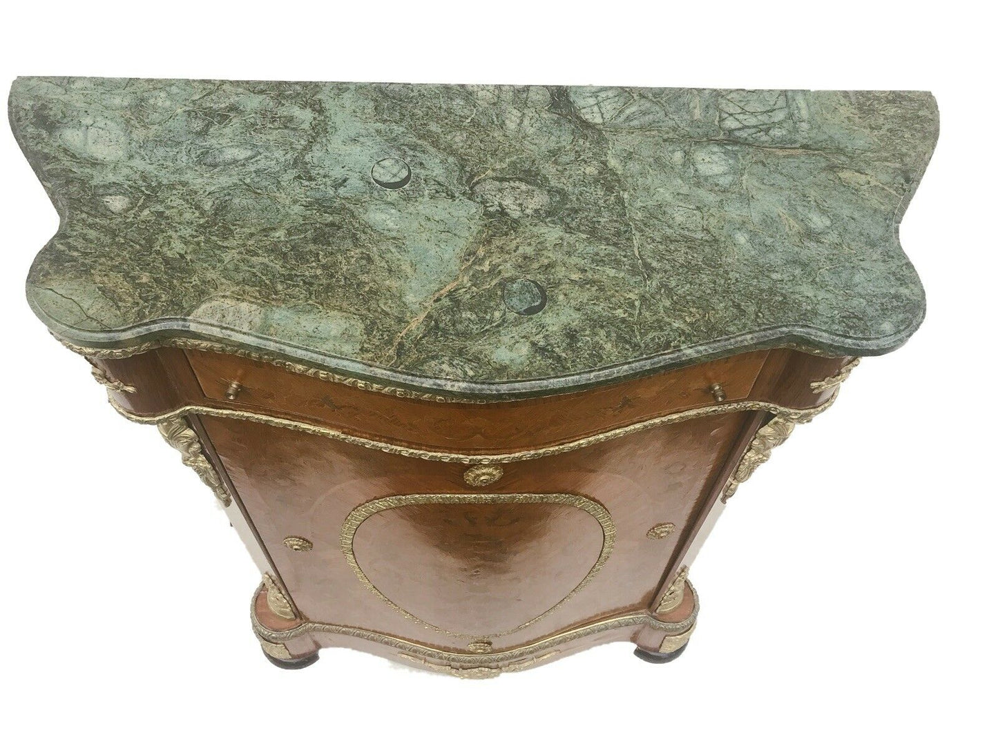 20TH C FRENCH LOUIS XV ANTIQUE STYLE MARBLE TOP MARQUETRY CONSOLE / CABINET