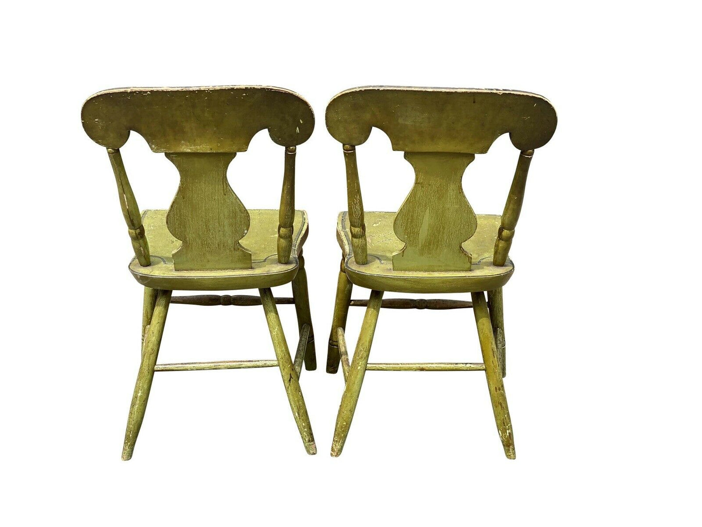 19TH C ANTIQUE SHERATON FANCY PAINT DINING CHAIRS IN BITTERSWEET GREEN PAINT