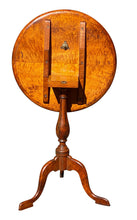 Load image into Gallery viewer, 19TH C ANTIQUE QUEEN ANNE STYLE BIRDS EYE MAPLE DISH TOP TILT TOP CANDLE STAND