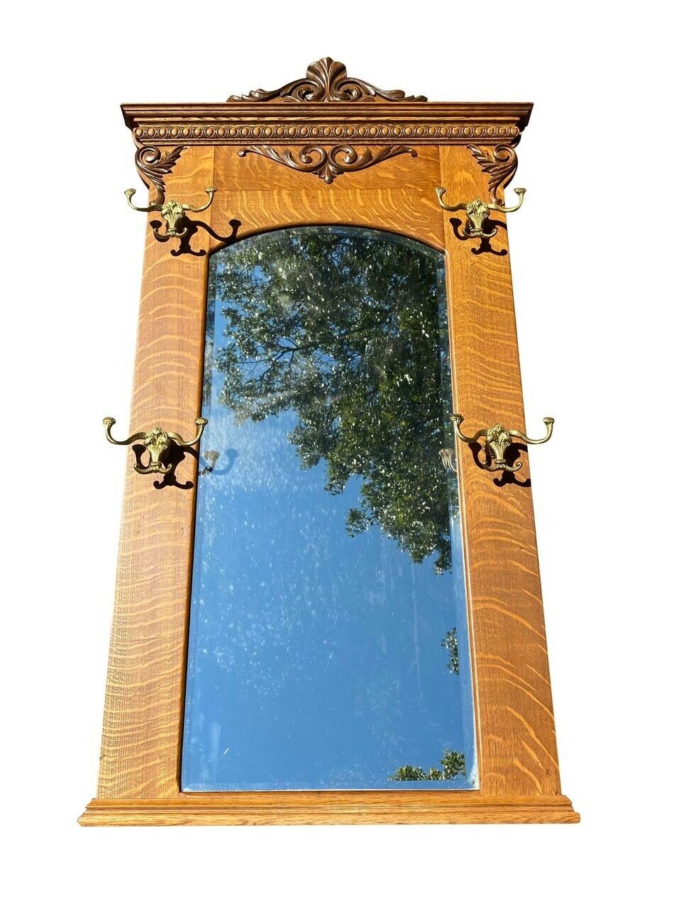 19TH C ANTIQUE VICTORIAN TIGER OAK WALL MIRROR W/ BRASS COAT HOOKS ~ 32" x 56"