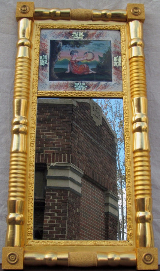 SHERATON REVERSE GLASS PAINTED MIRROR DEPICTING "GIRL PLAYING TAMBOURINE"-LOOK