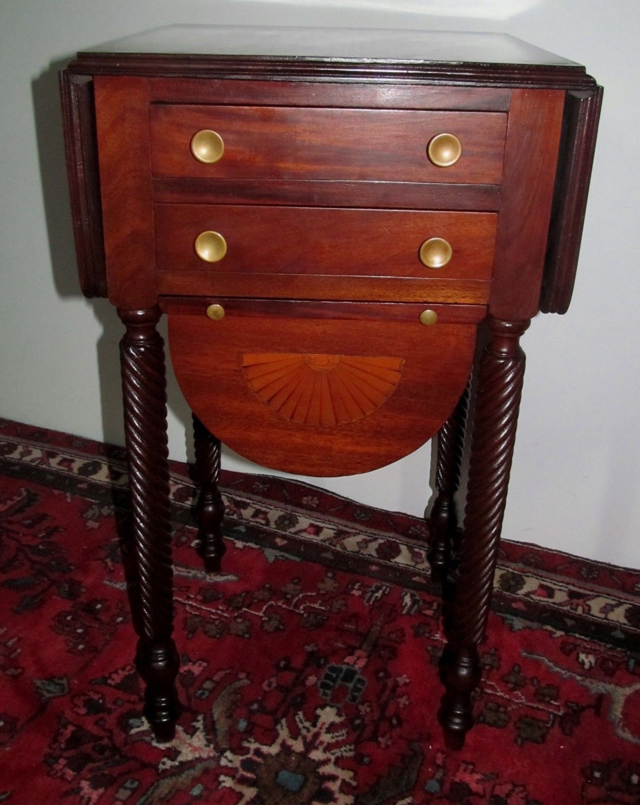 SHERATON STYLE INLAID MAHOGANY WORK TABLE WITH TWIST CARVED LEGS & BASE CABINET