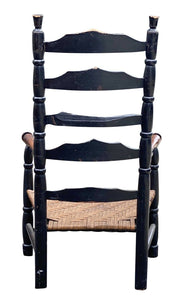 18th C Antique New England Queen Anne Black Painted Ladder Back Armchair