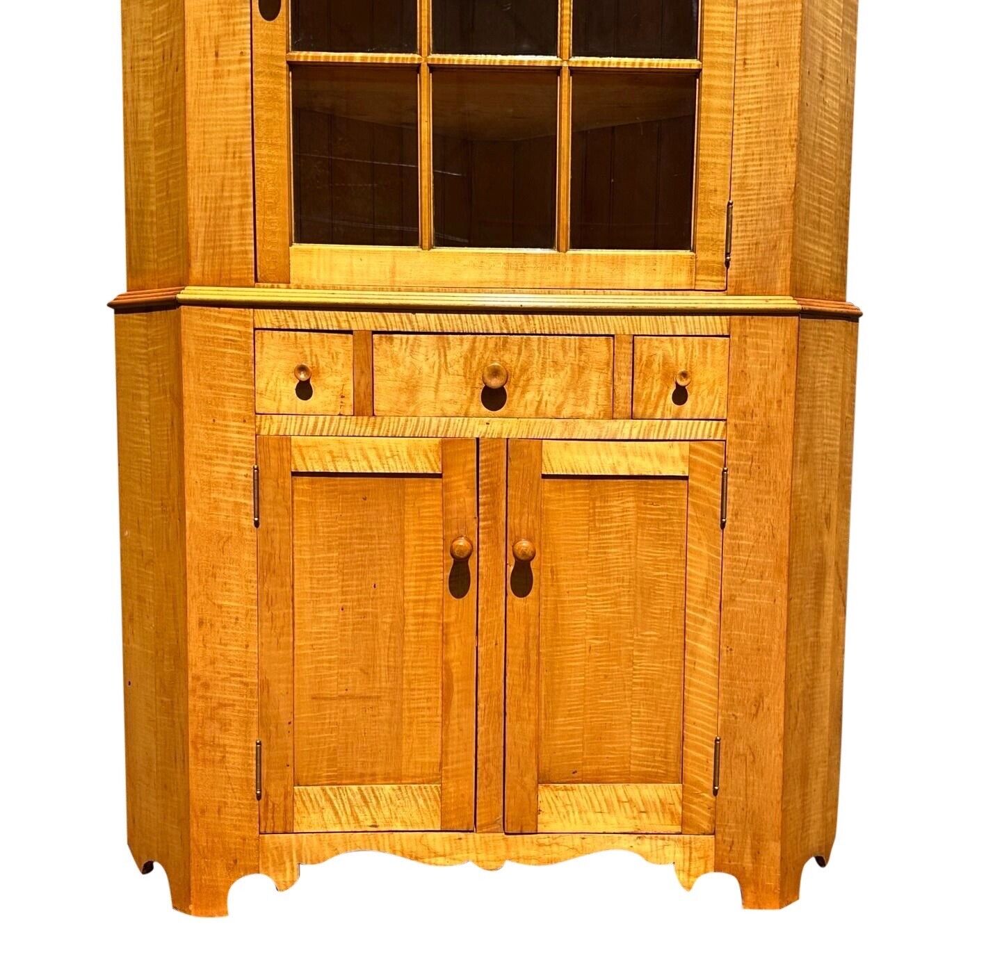 Federal Style Tiger Maple Two Piece Corner Cabinet With Arched Door & Bold Grain