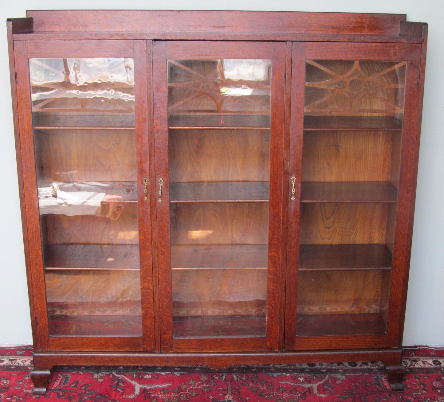 FINE TRIPLE DOOR VICTORIAN OAK BOOKCASE WITH FRET WORKED DOORS-EXTRA CLEAN COND.